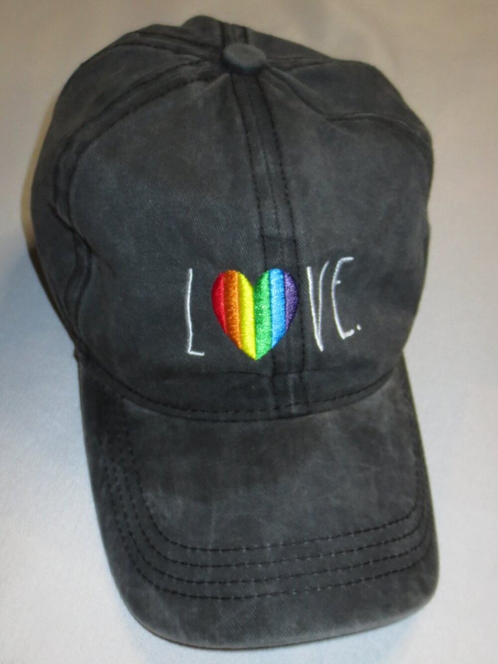 RAE DUNN hat ADJUSTABLE distressed RAINBOW heart LGBTQ pride LOVE baseball